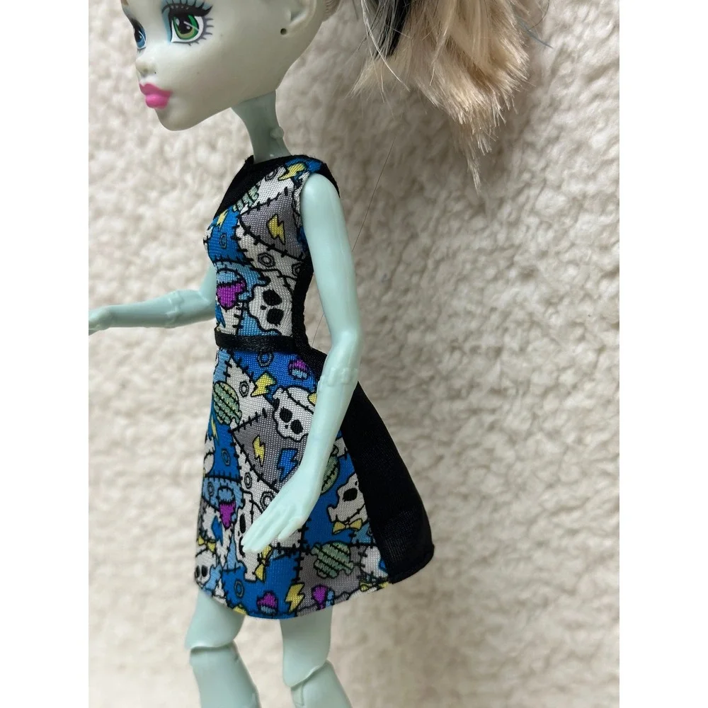 Monster High Frankie Stein Doll Blue Patchwork Dress Yellow Wedge Boots